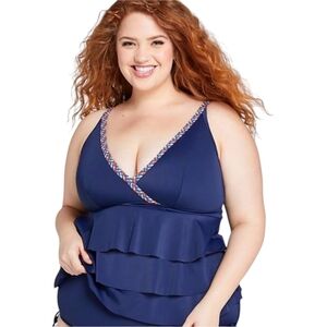 SWIM by Cacique Women's Navy Tiered Tankini Top Size 26